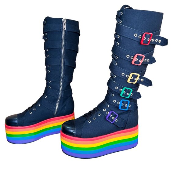Women’s Dolls Kill Knee High Rainbow Pride Parade Platform Buckles Stompin Boots - Picture 2 of 11